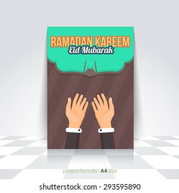 Ramadan Kareem A4 Style Flyer, Brochure - Praying Hands, Islamic Holy Nights Theme Vector Design - Arabic "Eid Mubarak", "be Blessed" at English