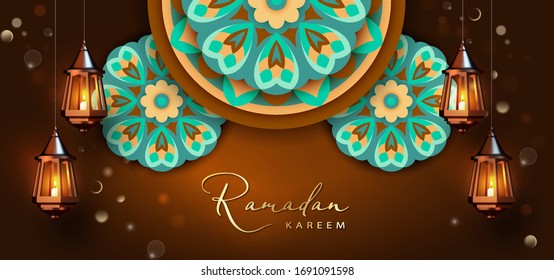 Ramadan Kareem abstract background with geometric circular pattern and lighted lamps