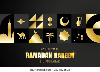 Ramadan Kareem. Abstract background for Islamic holiday. Gold Modern neo geometric pattern. Vector illustration in trendy bauhaus style. Template for postcards, invitations or web design.