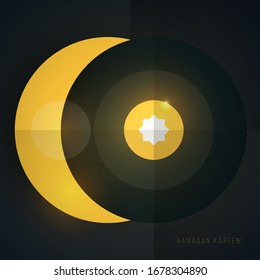Ramadan kareem abstract background. Silhouette moon and star. Colorful religious minimalistic composition in modern geometric style. Design concept for cover, banner, card. Vector illustration.