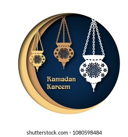 Ramadan Kareem abstract background template with traditional lanterns, golden moon, and text. Paper cut out style vector illustration.