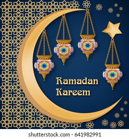 Ramadan Kareem Abstract Background Template With Traditional Lanterns, Golden Moon, Star, Text And Arabic Ornament. Vector Illustration, Eps10.
