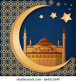 Ramadan Kareem abstract background template with hagia sophia or mosque, golden moon, star, text and arabic ornament. Vector illustration, eps10.