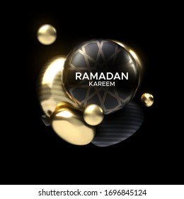 Ramadan Kareem. Abstrakte Komposition mit 3D-Sphären-Cluster. Schwarze und goldglänzende Blasen. Vektorillustration festliche Illustration. Religiöse Feiertagsbanner oder Plakatdesign. muslimisches Monatszeichen