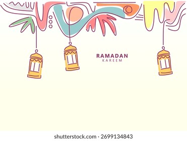 Ramadán Kareem Abstractas Doodle Vector de fondo con linterna y hojas de pastel