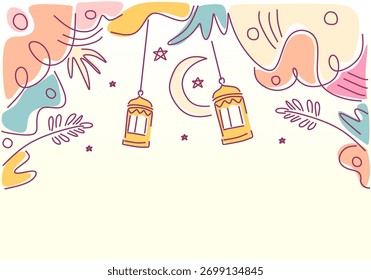 Ramadán Kareem Abstractas Doodle Vector de fondo con linterna y hojas de pastel