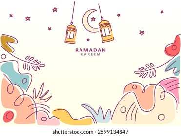 Ramadã Kareem Abstract Doodle Vetor Fundo com Lanterna e Folhas de Pastel