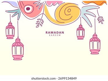 Ramadán Kareem Abstractas Doodle Vector de fondo con linterna y hojas de pastel