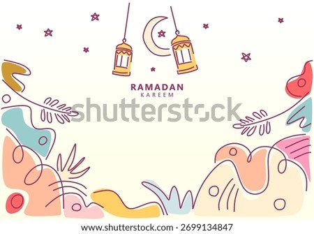 Ramadan Kareem Abstract Doodle Vector Background with Lantern and Pastel Leaves