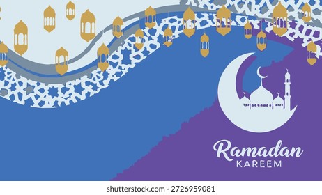 Ramadã kareem vetor abstrato fundo com uma mesquita crescente lanternas da lua e padrões decorativos um projeto de saudação espiritual