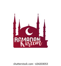 Ramadan kareem, annual islam holiday, festival month, red lettering in the middle on building silhouette, isolated on white, creative poster of arabic culture. Vector illustration