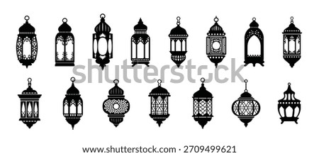 Ramadan Kareem arab islamic lantern lamp silhouette. Islam traditional lamp icons for traditional culture on holiday eid mubarak. Black moroccan and egyptian lanterns for hanging in mosque
