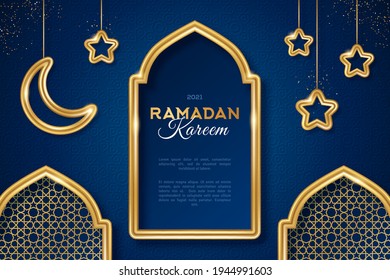 Ramadan Kareem arabian night concept banner with gold 3d frame, arab window on blue background with beautiful arabesque pattern. Vector illustration. Hanging crescent and stars. Place for text