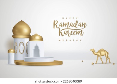 Ramadan kareem arabic calligraphy beautiful 3D gold mosque, podium and camel background