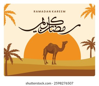 Ramadan Kareem Arabic calligraphy with a camel in the desert. Sunset background with palm trees. Ramadan concept. Flat vector illustration.