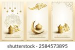 Ramadan kareem arabic calligraphy, crescent moon and lantern for islamic greeting card and banner