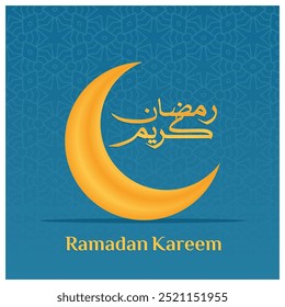 Caligrafia árabe Ramadã Kareem com lua crescente. Feriados islâmicos sobre um fundo azul. Conceito do Ramadã. Ilustração de vetor plano.