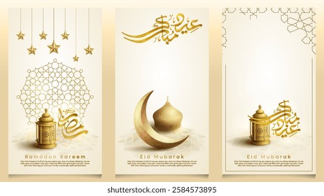 Ramadan kareem arabic calligraphy, crescent moon and lantern for islamic greeting card and banner