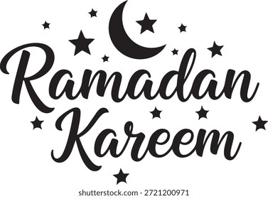 Ramadán Kareem Caligrafía árabe Luna creciente y estrellas silueta sobre fondo blanco Islámico