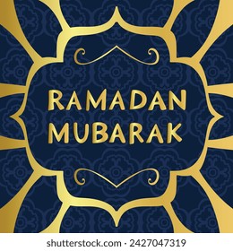 Ramadan Kareem Arabic calligraphy with gold details on blue background, template for menu, invitation, poster, banner, card for the celebration of Muslim holiday