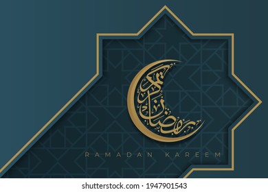 Ramadan Kareem in Arabic calligraphy greeting card with islamic or Arabic background design in blue and gold color and clasic islamic pattern