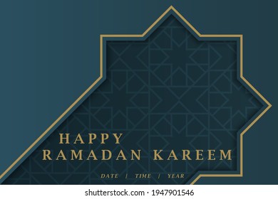 Ramadan Kareem in Arabic calligraphy greeting card with islamic or Arabic background design in blue and gold color and clasic islamic pattern