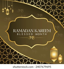 Ramadan Kareem arabic calligraphy greeting card design with lattern and mandala background.