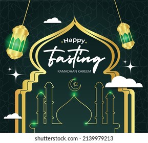 ramadan kareem in arabic calligraphy greetings with islamic moque and decoration, translated "happy ramadan" you can use it for greeting card, calendar, flier and poster - vector illustration