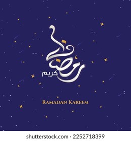 ramadan kareem in arabischer Kalligrafie Grüße mit islamischer Moschee und Dekoration, übersetzt "glücklicher Rmadan" können Sie es für Grußkarte, Kalender, Flyer und Poster verwenden - Vektorgrafik
