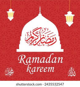 ramadan kareem in arabic calligraphy greetings with islamic moque and decoration, translated "happy ramadan" you can use it for greeting card, calendar, flier and poster - vector illustration