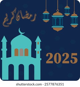 Ramadan kareem in arabic calligraphy greetings with islamic moque and decoration.you can use it for greeting card, calendar, flier and poster .vector illustration