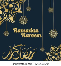 Ramadan Kareem. Arabic Calligraphy. Arabic Islamic Calligraphy design with Navy Background and gold islamic ornament. Vector illustration