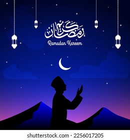 ramadan kareem con caligrafía árabe, linterna, luna, montaña y siluetas musulmanes están rezando. ilustración vectorial