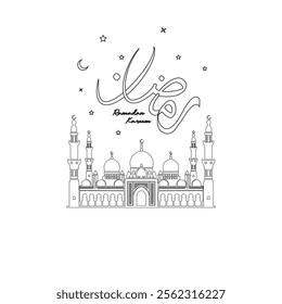 Ramadan kareem arabic calligraphy line art with mosque silhouette