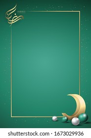 Ramadan kareem arabic calligraphy logo with crescent moon pop up on the gold frame and green background. luxury background or template.