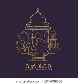 Ramadan kareem arabic calligraphy means generous holiday and celebration of holy month with mosque line art design vector illustration