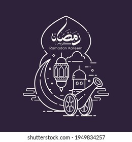 Ramadan kareem arabic calligraphy means generous holiday and celebration of holy month with mosque line art design vector illustration