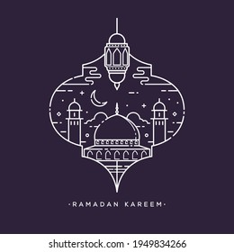 Ramadan kareem arabic calligraphy means generous holiday and celebration of holy month with mosque line art design vector illustration