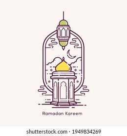 Ramadan kareem arabic calligraphy means generous holiday and celebration of holy month with mosque line art design vector illustration