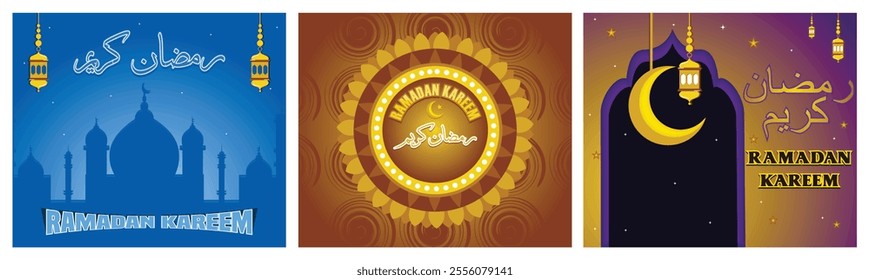 Ramadan Kareem Arabic Calligraphy. Month of fasting for Muslims. Crescent Moon and Lantern. Set flat vector modern illustration