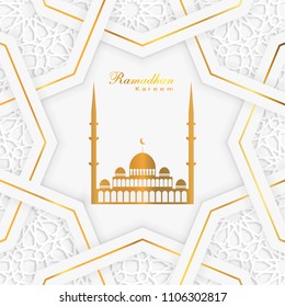 Ramadan Kareem with arabic calligraphy, and moroccan islamic gemetric pattern.
Arabic text is”Ramadhan Kareem” translate is”the month of ramadan full of exalted”

