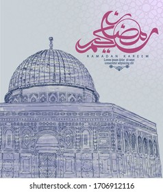 Ramadan kareem arabic calligraphy and mosque isolated vector background