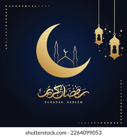 caligrafía árabe ramadan kareem con tarjeta de saludo islámico mezquita y luna creciente ilustración vectorial de fondo