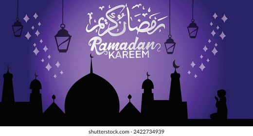 Ramadan Kareem Arabic calligraphy with mosque,praying woman and lantern. Islamic holiday banner in purple background design