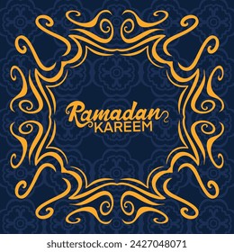 Caligrafía árabe de Ramadán Kareem sobre fondo azul, plantilla para menú, invitación, afiche, pancarta, tarjeta para la celebración de la fiesta musulmana.