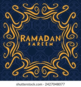 Ramadan Kareem Arabic calligraphy on blue background, template for menu, invitation, poster, banner, card for the celebration of Muslim holiday.