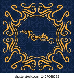 Ramadan Kareem Arabic calligraphy on blue background, template for menu, invitation, poster, banner, card for the celebration of Muslim holiday.