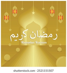 Ramadan Kareem Arabic calligraphy with stars and lanterns. Islamic Holidays in gold color. Ramadan concept. Flat vector illustration.