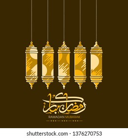 Ramadan Kareem Arabic calligraphy text with intricate lamps for the Muslim festival occasion.