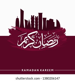 Ramadan Kareem Arabic Calligraphy and Typography. Qatar Skyline. Arabic Text Translation: Ramadan, the glorious month. Vector Illustration.